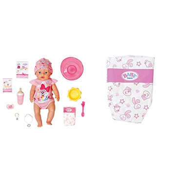 Zapf Creation 827956 BABY born Magic Girl 43 cm - neu mit magischem Schnuller und 10 lebensechten Funktionen & 826508 Windeln für 43cm Puppe - Einfach für Kleine Hände, Inklusive 5 Windeln im Sale